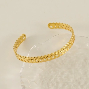 Bracelet Jonc Ouvert Texture Chaîne Tissée Creuse Plaqué Or 18K Acier Inoxydable Ajustable Bijoux Mode Rétro Femme