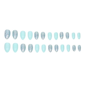 Almond-shaped press-on nails set featuring sky blue gloss and silver glitter finishes