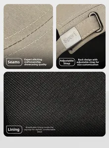 Detail of adjustable metal buckle and breathable mesh lining on khaki flat top cap