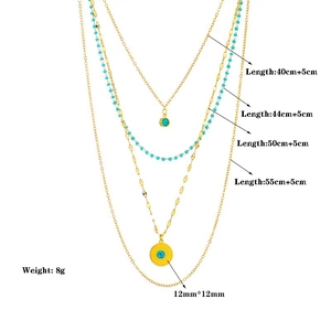 Bohemian four-layer gold titanium necklace with turquoise beads and coin pendant