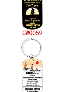 Detail of stainless steel dog tag keychains with inspirational quotes for daughters