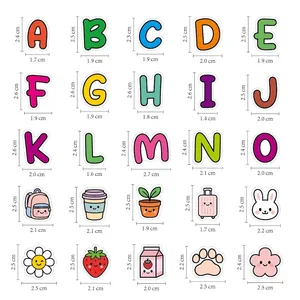 63-piece cute cartoon alphabet and icon stickers for water bottles with size chart guide
