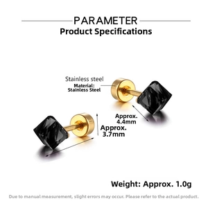 Close-up of square black zircon stud earring with gold stainless steel setting