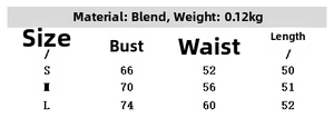 Detailed size chart showing bust, waist, and length measurements for asymmetrical top