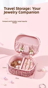 Pink sequin mini jewelry box interior with slots for rings and earrings 10x7.5x4.8cm