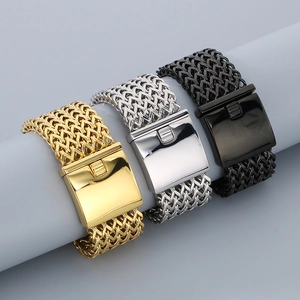 Men's 30mm stainless steel fish scale mesh bracelets in gold, silver and black finishes