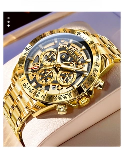 Close-up of OLEVS gold men's watch with chronograph sub-dials and tachymeter bezel