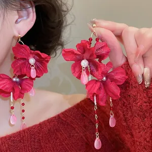 Romantic red fabric flower tassel earrings with crystal drops for seaside vacation look