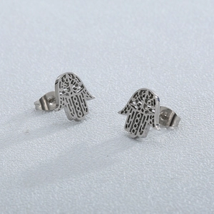Polished silver stainless steel Hamsa Hand stud earrings with a hollow-out palm design