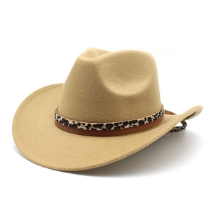 Détail macro du chapeau de cowboy en feutre camel avec bande en cuir imprimé léopard