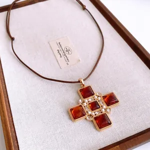 Vintage Cross Pendant Necklace Alloy Amber Resin Gemstone Artificial Pearl Zircon Brown Rope Adjustable Long Chain Jewelry Women