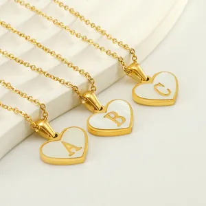 Heart Initial Letter Necklace Stainless Steel With Mother Of Artificial Pearl Shell Inlay 18K Gold Plated Dainty Jewelry For Women