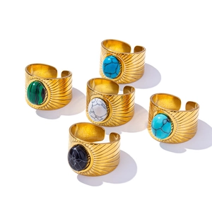 Set of 5 bohemian gold adjustable rings featuring colorful stones and sunburst texture