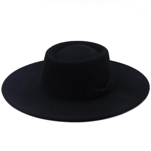 Chapeau melon noir en laine à bord plat avec ruban à nœud pour mode féminine d'hiver