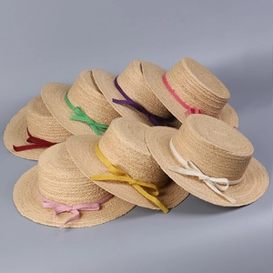 Hand Woven Raffia Boater Hat For Women Summer Sun Hat Flat Top Straw Hat With Colorful Bowknot Wide Brim Beach Vacation