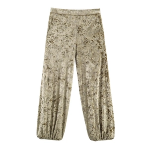 Women's vintage gold velvet wide-leg lounge pants with tapered ankle cuffs on white background