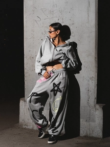 Ensemble Femme Coton Sweat À Capuche Zippé Et Pantalon Imprimé Graffiti Lettres Streetwear Gris