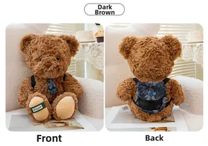 Front and back detail of a dark brown plush teddy bear with floral tie and mini backpack