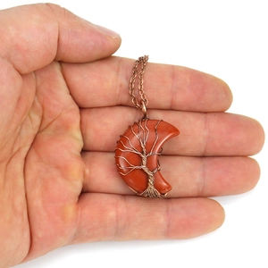 Handmade wire wrapped moon pendant necklace with red jasper stone and tree of life detail