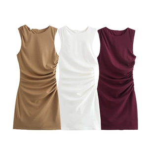 Ärmelloses Mini-Raffkleid Polyester Einfarbig Slim Fit Bodycon U-Ausschnitt Sommerparty Für Damen