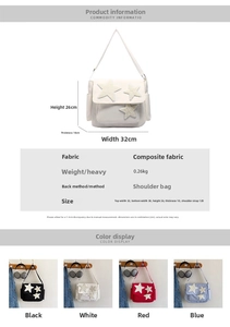 Detailed size chart and dimensions for the star-decorated nylon messenger crossbody bag