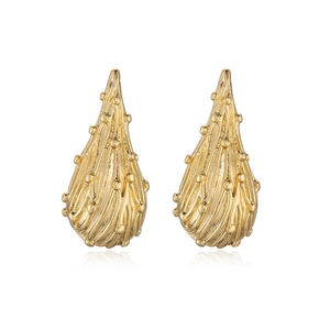 Abstract golden teardrop earrings with textured vertical ridges and beaded detail