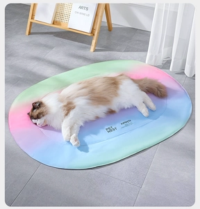 Detail of a large rainbow gradient cooling pet mat featuring a cat on a silk fabric surface