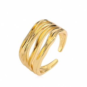 Minimalist irregular geometric wave gold open ring with polished metal finish for women