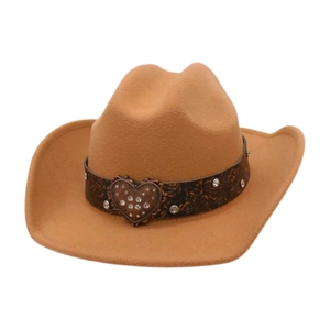 Close-up of khaki cowboy hat with embossed band and heart-shaped rhinestone buckle