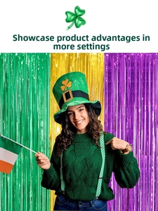Detail of green St. Patrick's Day outfit with suspenders and festive fringe backdrop