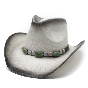Chapeau De Cow-Boy Western Paille Papier Large Bord Protection Solaire Ethnique Bande Perles Turquoise Vintage Unisexe