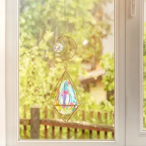 Golden moon and rhombus suncatcher with large iridescent rainbow crystal teardrop