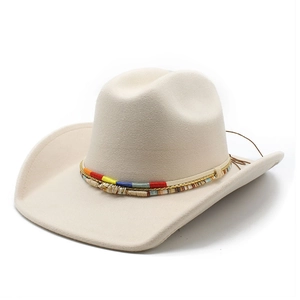 Klassischer beige Filz-Cowboyhut mit bunt gewebtem Band für Damen und Herren