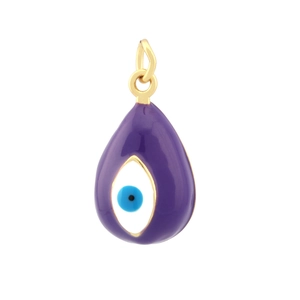 Detail of purple Evil Eye drop pendant with gold plating and enamel finish