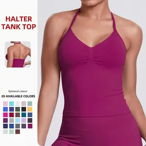 Women Halter Neck Yoga Tank Top Ruched V-Neck Sports Bra High Stretch Breathable Tight Fit Activewear Sleeveless Top