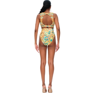 Rear view of ethnic print bikini set featuring backless top and high-cut waist bottoms