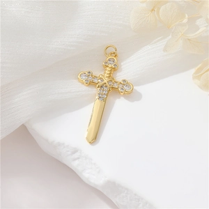 Retro 14K gold plated cross and sword pendant necklace with sparkling zircon crystals
