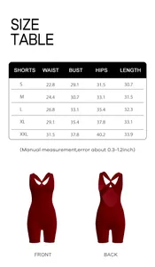 Detailed size chart for the V-neck backless fitness unitard including S to XXL dimensions