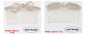 Macro view of rhinestone encrusted bow and leaf design gold alloy hair combs