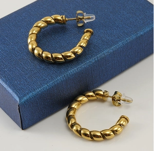 Detailed view of 18K gold plated stainless steel twisted hoop earrings on display box