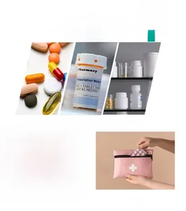 Detailed view of pink first aid kit storage showing organized medicine bottles and pills