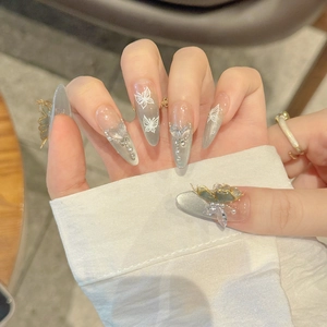 Handmade cat eye press-on nails with 3D butterfly, pearls and diamonds for women