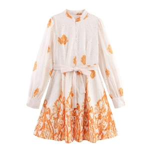 Vestito Corto Donna Manica Lunga Stampa Paisley Ricamo Traforato Collo Alto Cintura Vacanze Elegante