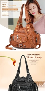 Detail of multi-pocket washed leather bag with bronze rivets and contrast stitching