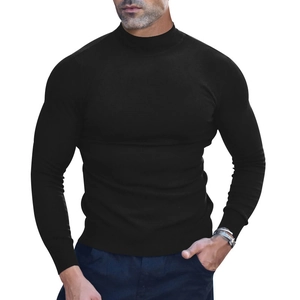 Detail of men's slim fit black long sleeve t-shirt with a mock neck collar design