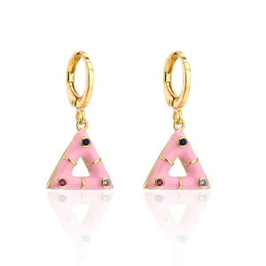 Detail of gold geometric triangle earrings with pink enamel and colorful gemstones