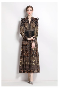 Elegant long-sleeved vintage V-neck dress with intricate gold baroque floral patterns