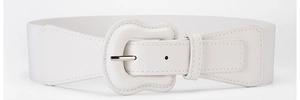 Detailed view of white elastic waist belt with faux leather buckle for women's dresses