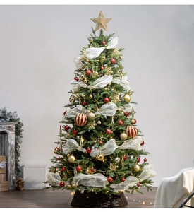 Detailed Christmas tree featuring red and gold ornaments with warm led string lights