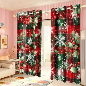 Classic red and green Christmas plaid curtains with snowflake and holly berry patterns